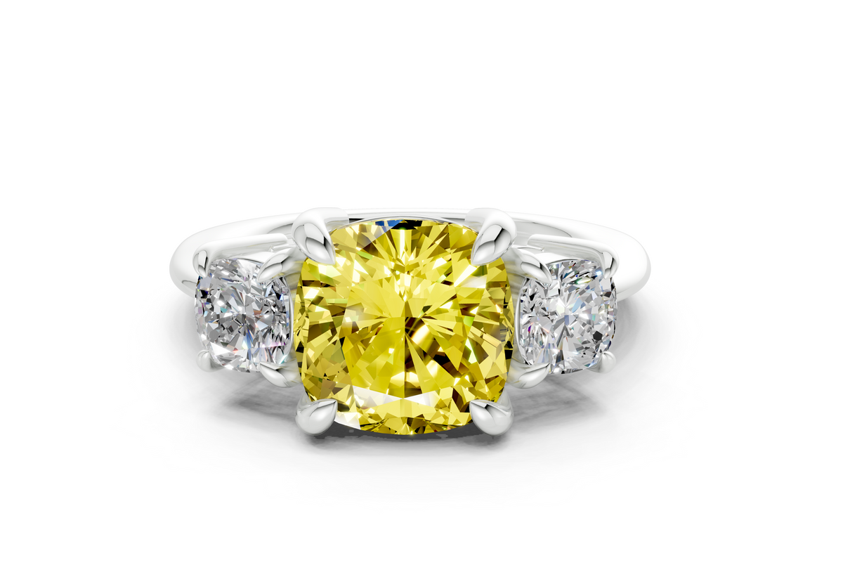 Valencia Yellow Diamond Three Stone Cushion Square Cut 2mm Engagement Ring
