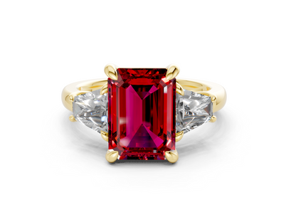 Vespera Ruby Gemstone Three Stone Emerald Cut 2.5mm Engagement Ring