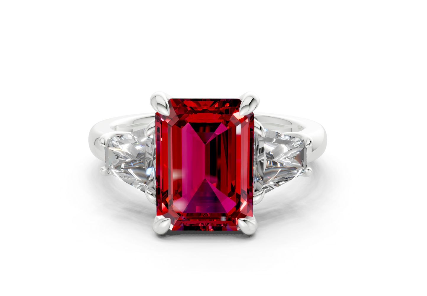 Vespera Ruby Gemstone Three Stone Emerald Cut 2.5mm Engagement Ring