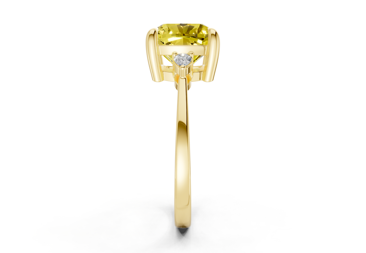 Mariana Yellow Diamond Three Stone Cushion Square Cut 2mm Engagement Ring