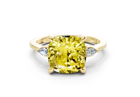 Mariana Yellow Diamond Three Stone Cushion Square Cut 2mm Engagement Ring