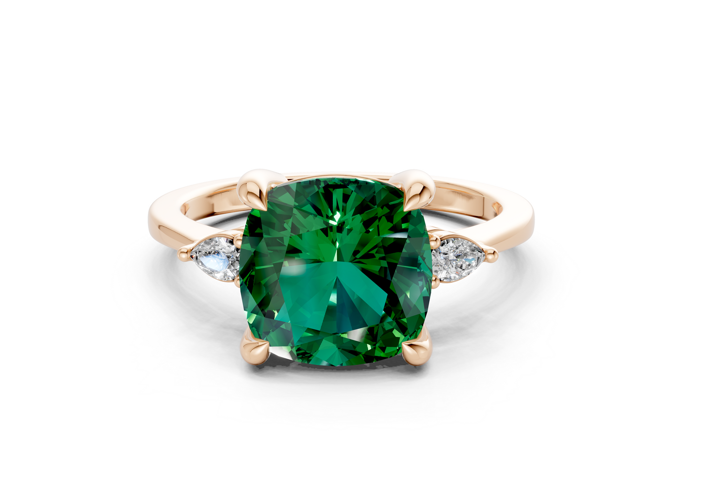 Mariana Emerald Gemstone Three Stone Cushion Square Cut 2mm Engagement Ring