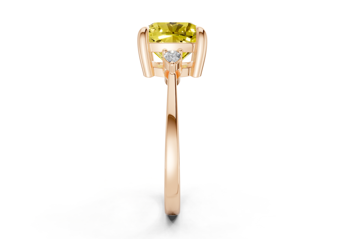 Mariana Yellow Diamond Three Stone Cushion Square Cut 2mm Engagement Ring