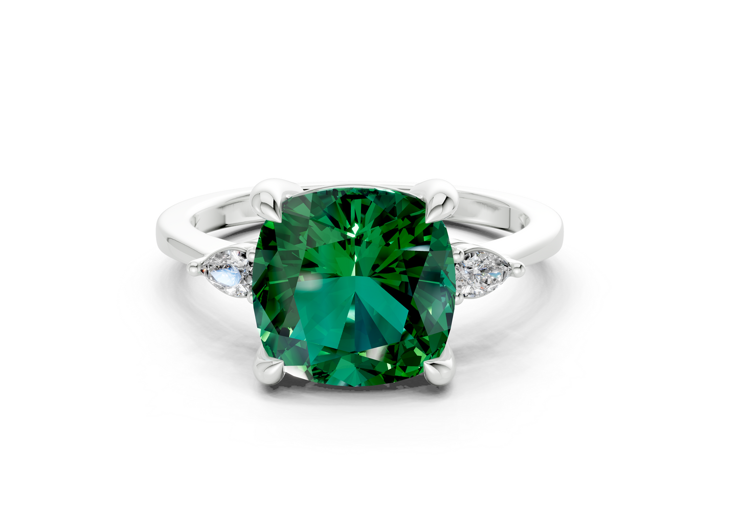 Mariana Emerald Gemstone Three Stone Cushion Square Cut 2mm Engagement Ring