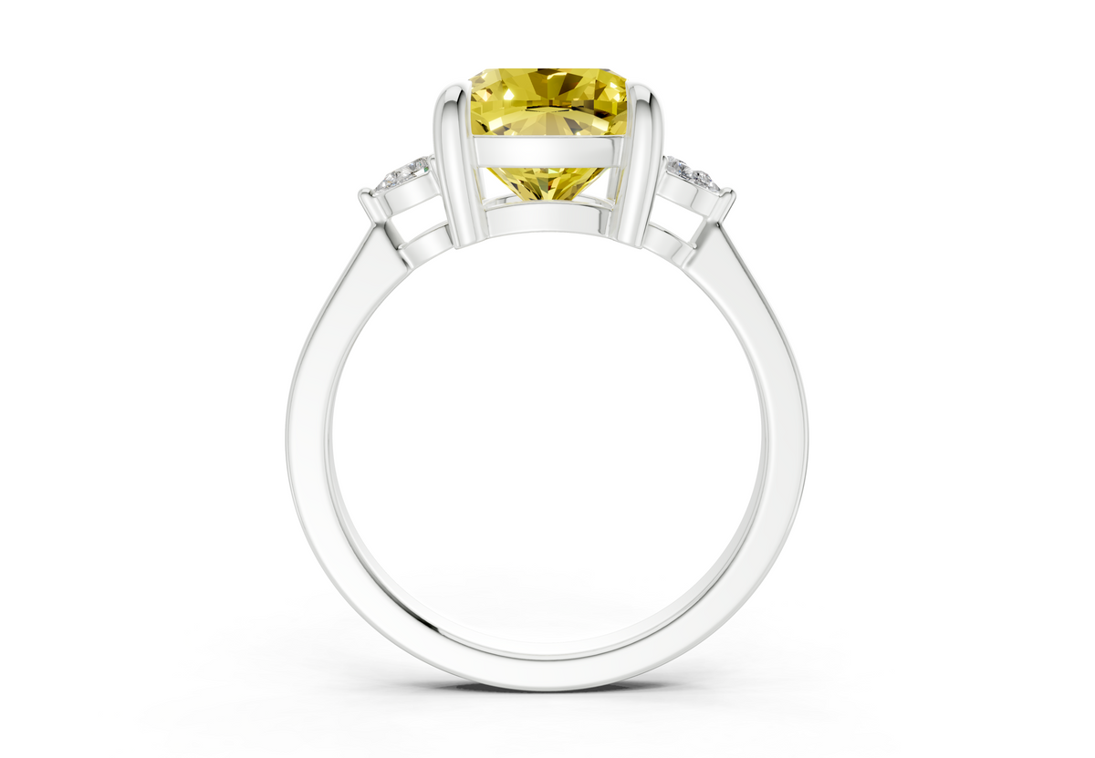 Mariana Yellow Diamond Three Stone Cushion Square Cut 2mm Engagement Ring
