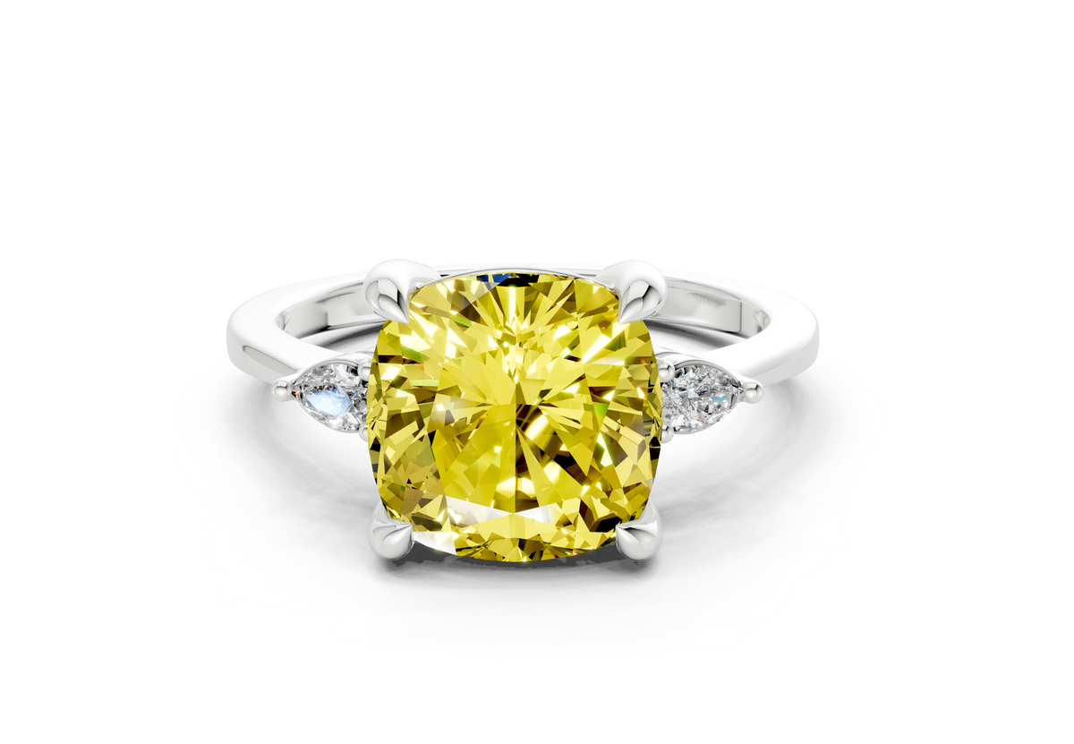 Mariana Yellow Diamond Three Stone Cushion Square Cut 2mm Engagement Ring