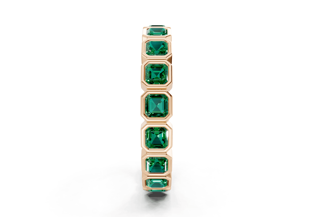 Elysees Asscher Cut Emerald Gemstone Eternity Band 6½ Carat Total Wt.