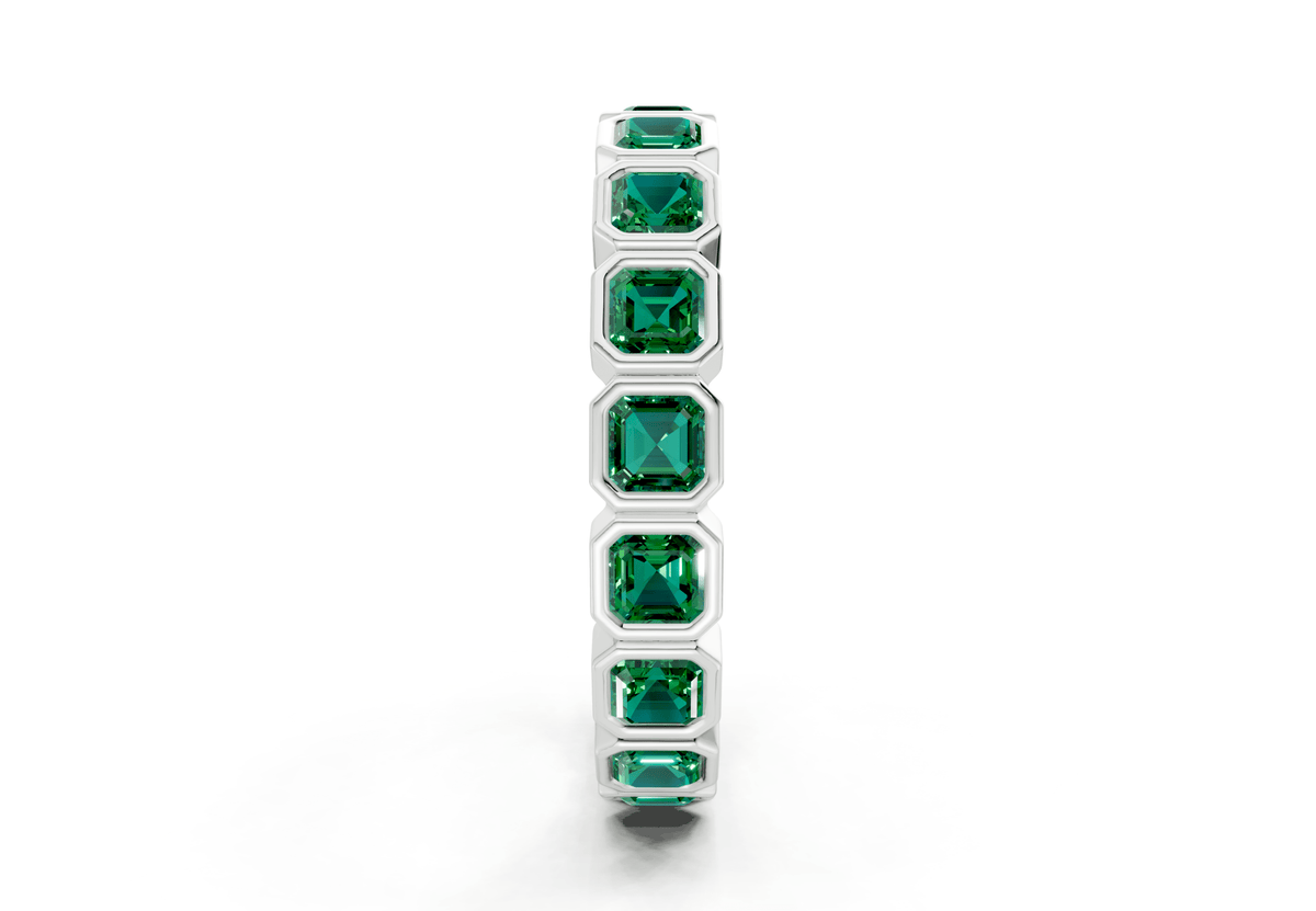 Elysees Asscher Cut Emerald Gemstone Eternity Band 6½ Carat Total Wt.