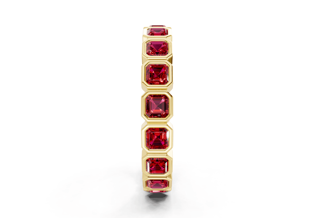 Elysees Asscher Cut Ruby Gemstone Eternity Band 6½ Carat Total Wt.