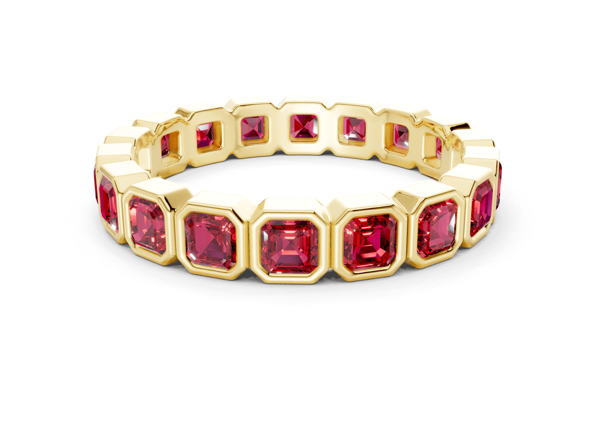 Elysees Asscher Cut Ruby Gemstone Eternity Band 6½ Carat Total Wt.