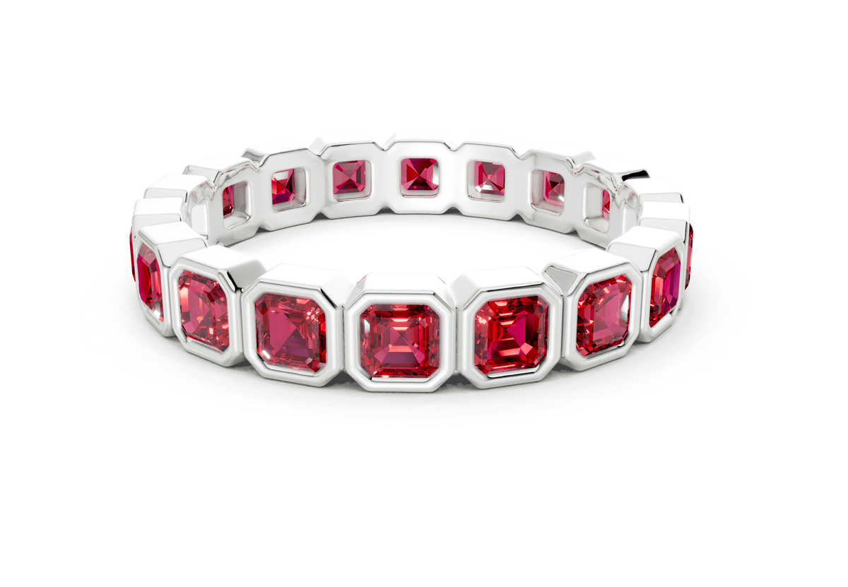 Elysees Asscher Cut Ruby Gemstone Eternity Band 6½ Carat Total Wt.
