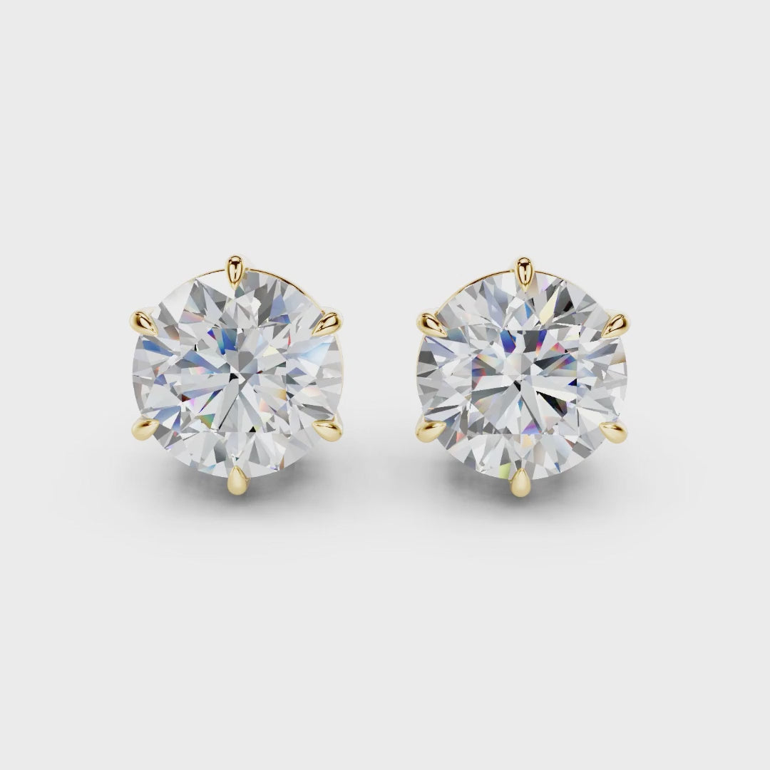 Vienna 6-prong crown round lab-grown diamond stud earrings in 14K Yellow Gold, 360-degree view