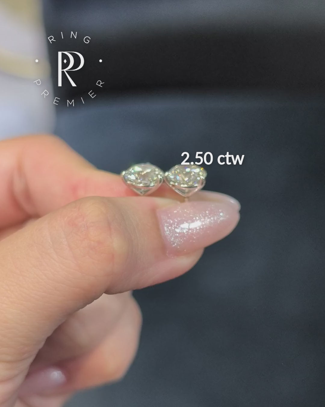 Florence 3-prong martini round lab-grown diamond stud earrings, 2.50 ct tw pair in white gold shown held in hand