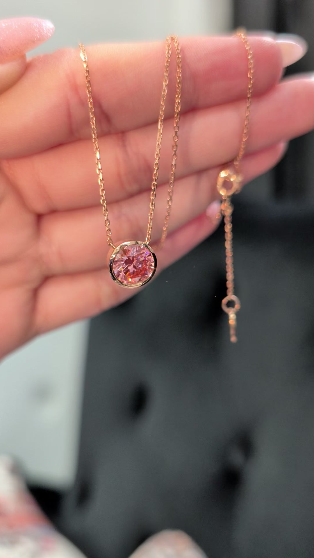 1.91 ct Fancy Vivid Pink Round Lab-Grown Diamond Bezel-Set Solitaire Necklace, 14K Rose Gold, 16-18" Adjustable Chain