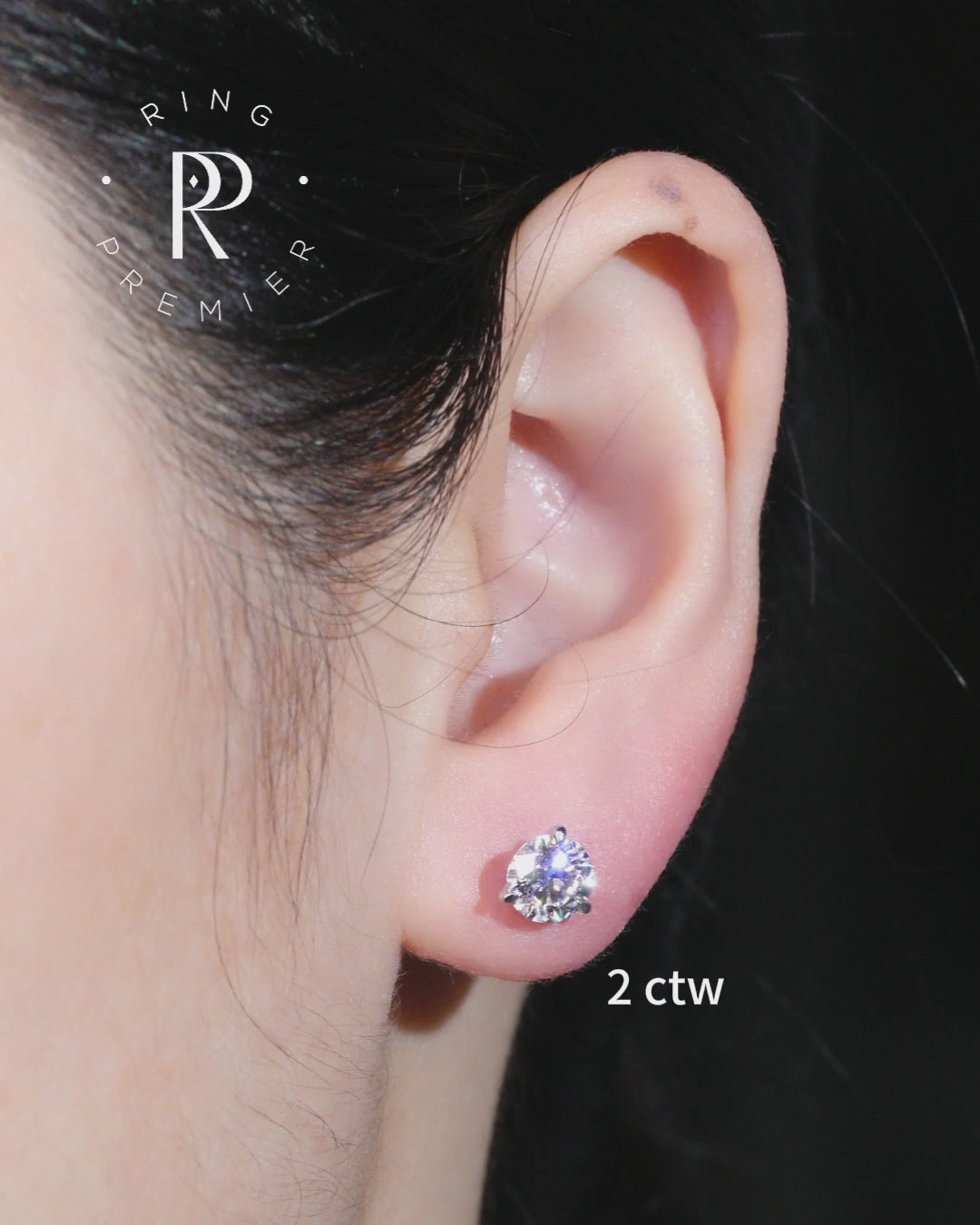 Florence 2 carat (2 ct tw) round lab-grown diamond stud earring in a 3-prong martini setting, worn on the ear to show real size