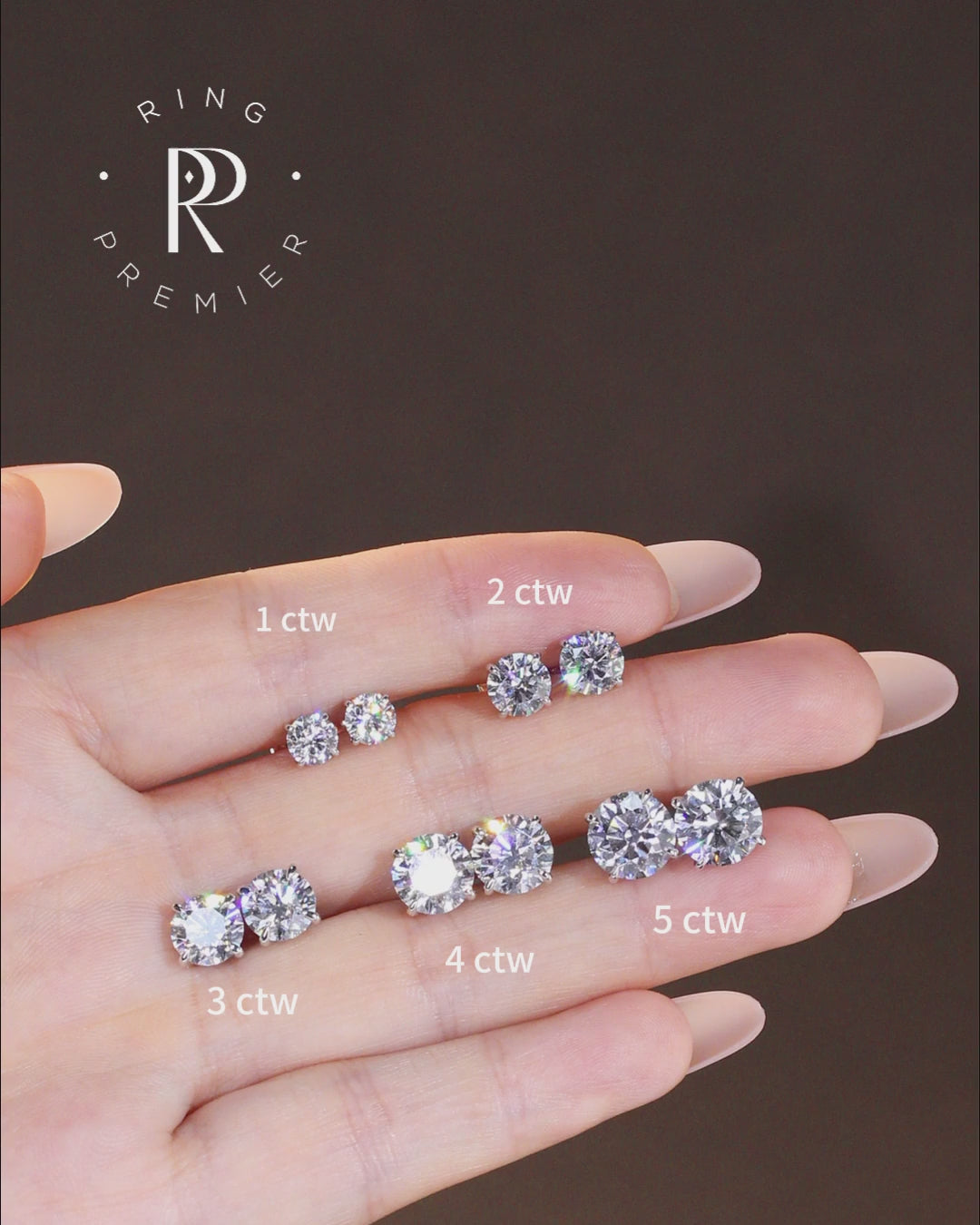 Geneva 4-prong basket round lab-grown diamond stud earrings on hand, size comparison from 1 to 5 carat total weight