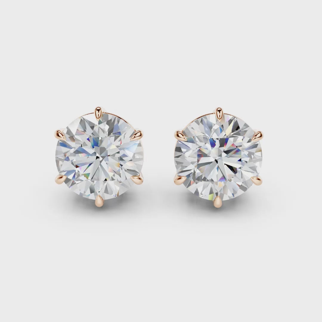 Vienna 6-prong crown round lab-grown diamond stud earrings in 14K Rose Gold, 360-degree view