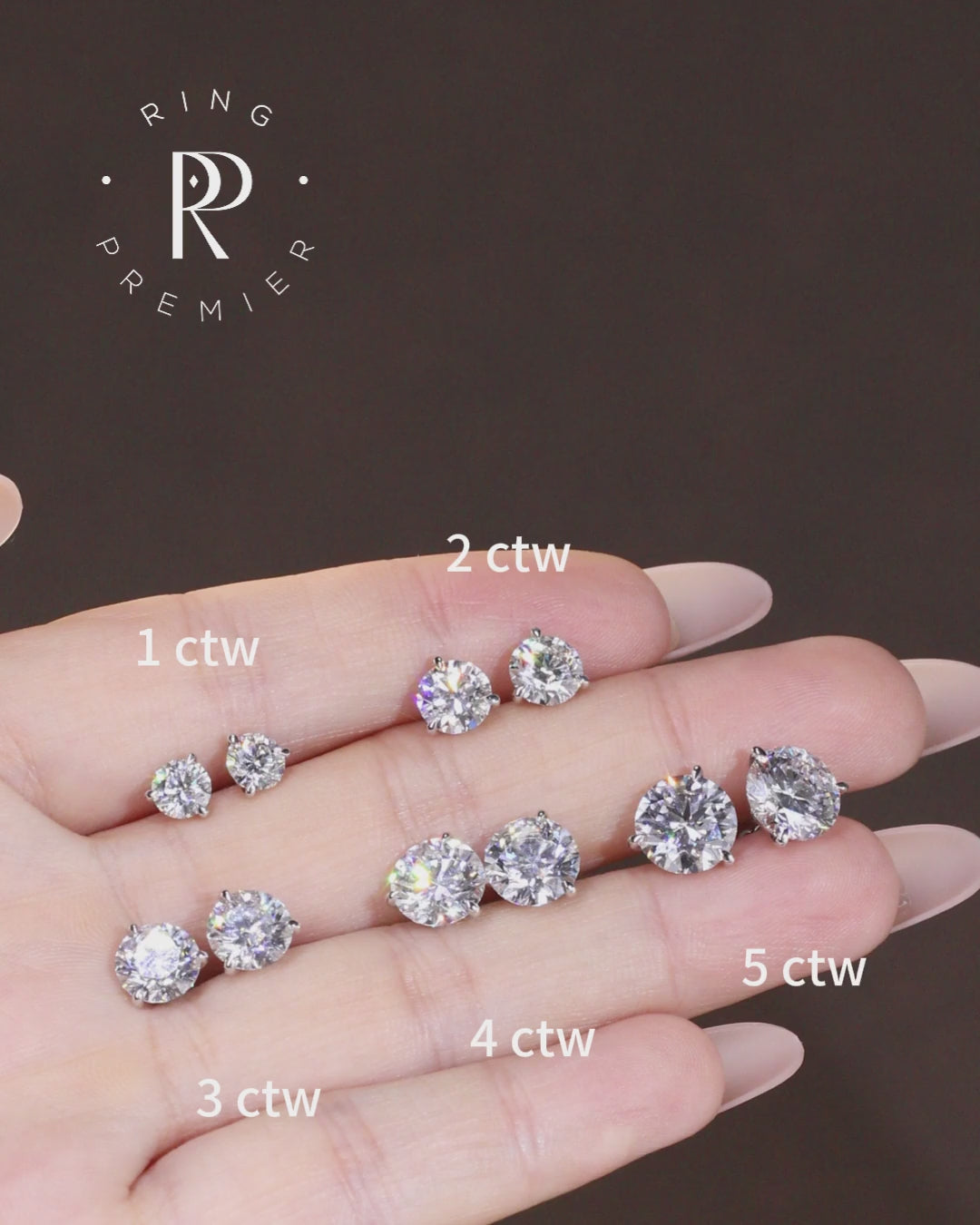 Florence 3-prong martini round lab-grown diamond stud earrings on hand, size comparison from 1 to 5 carat total weight